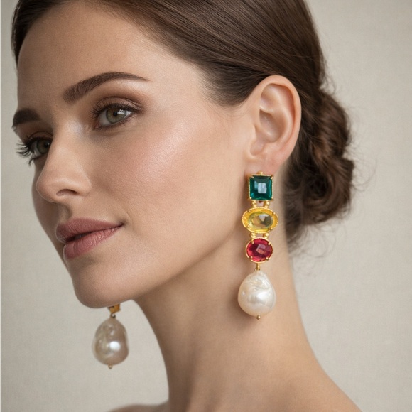 Clara Nicolaides Jewelry - Clara Nicolaides Multicolor Gem Earrings Baroque Pearl Drop Gold Designer